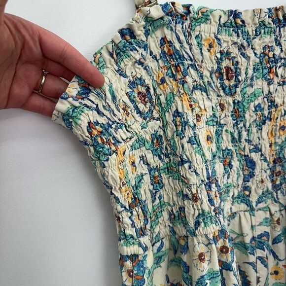 Anthropologie Pilcro Smocked Natural Linen Blend Multicolor Floral Short Romper - Picture 13 of 13